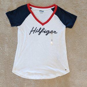 Hilfiger Ringer V Neck Baseball Logo Short Sleeve Tee Size XS
